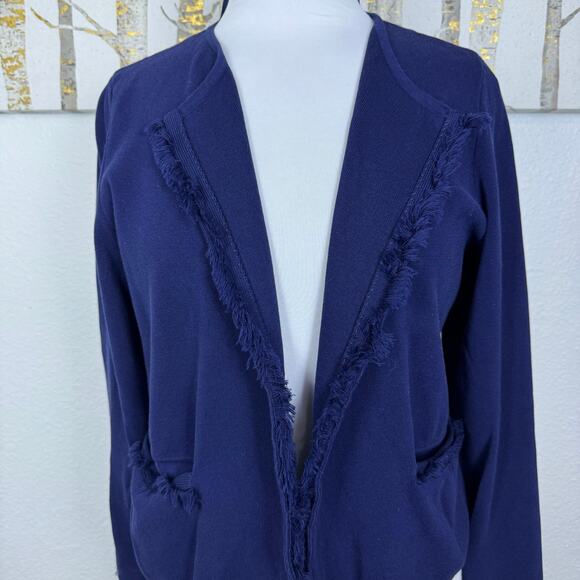 J McLaughlin Marie Cardigan Open Front Fringed Cotton Navy Blue Large - Picture 3 of 7